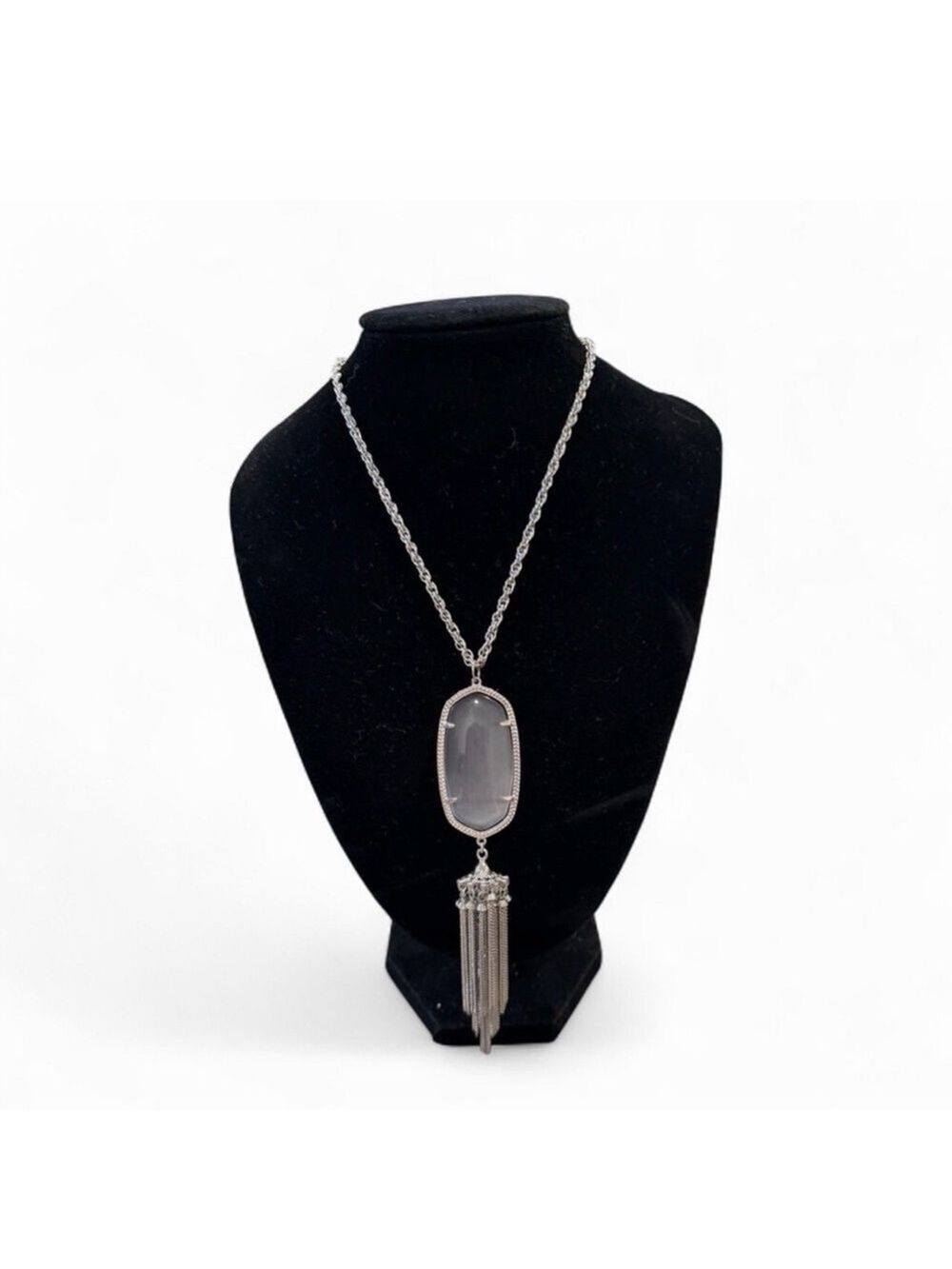 Kendra Scott Rayne Long Silvertone Pendant with Slate Gray Stone EUC